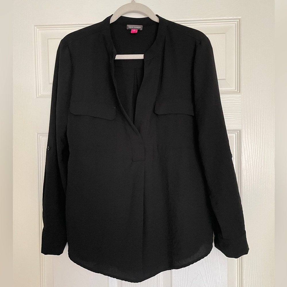 Vince Camuto Women’s Rumple Long Sleeve V Neck Blouse Top Black Sz Medium